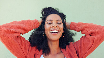 Hands of happy woman play with hair, beauty and smile from Portugal girl feeling freedom, excited and wellness. Happiness, high energy and gen z person with healthy, natural and good curly hair care