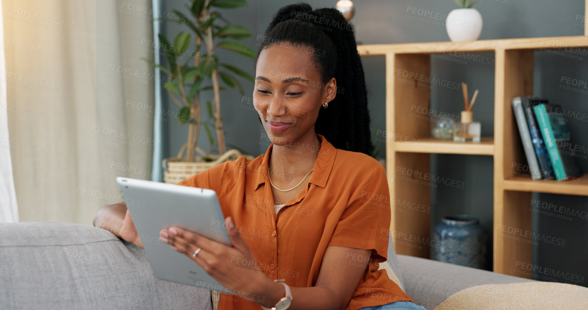 Buy stock photo Video call, happy and tablet with black woman in virtual meeting on sofa in home living room. Internet, communication and smile with African female person and online conversation on app with chat