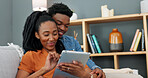 Black couple, tablet and happy man and woman browsing the internet, doing online shopping or enjoying streaming service subscription. Lovers enjoying social media mobile app with 5g home wifi network