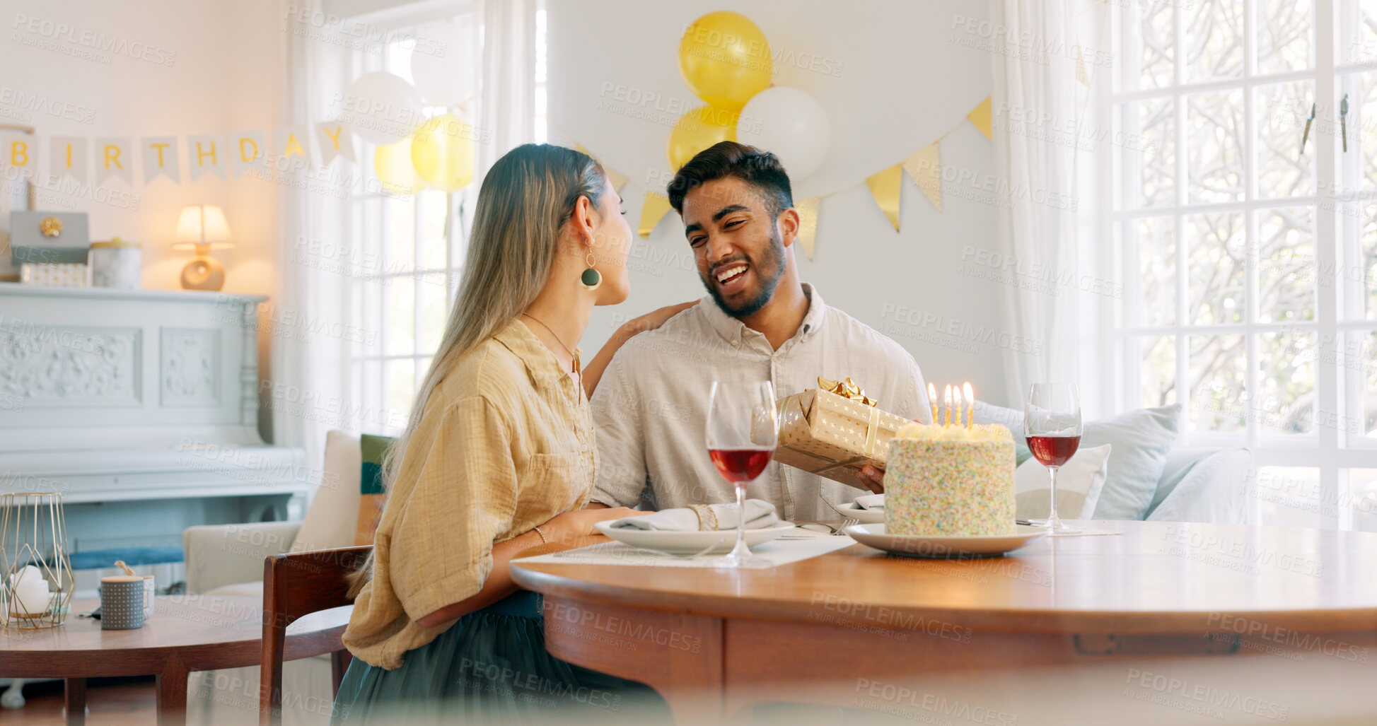 Buy stock photo Cake, happy or birthday gift with couple celebration and present together with love at home. Candles, smile and anniversary people with dinner date and food in a house with support and alcohol 