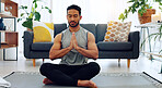 Yoga, namaste man and living room exercise for zen meditation and mental relaxation time in home. Peaceful, spiritual and fitness wellness routine for calm mindset and stress free lifestyle.