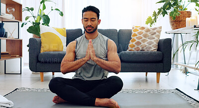 Yoga, namaste man and living room exercise for zen meditation and mental relaxation time in home. Peaceful, spiritual and fitness wellness routine for calm mindset and stress free lifestyle.