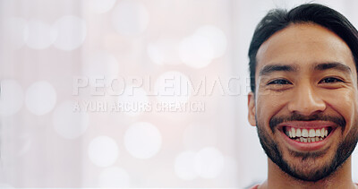 Man, eye and vision of face and smile in focus with teeth against a white mockup background. Portrait closeup of young happy male smiling in half facial expression and copy space for text