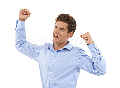 Buy stock photo Winner, cheer and business man isolated on a white background winning, success and bonus, yes or fist pump. Celebration, goal achievement of professional, person or excited model celebrate in studio