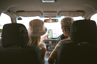 Buy stock photo Car, road trip and couple with phone screen for map, guide or location search, direction and navigation. Travel, smartphone and people with app for traffic, route and online help for journey safety