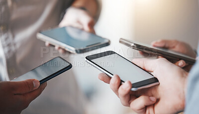 Buy stock photo Hands of people in circle on smartphone, phone or cellphone communication sharing data email. Web, wifi tech and social media group online chat, nfc or connected for gaming app or money transfer