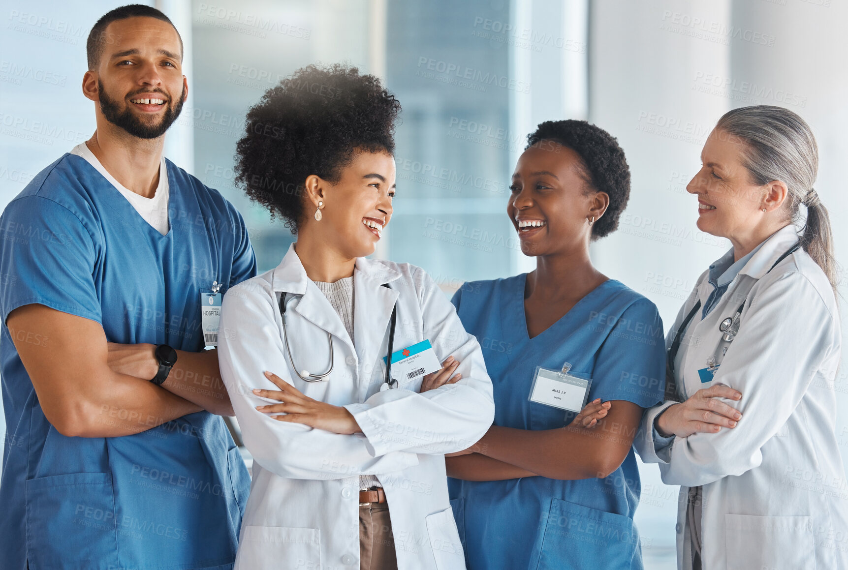 Buy stock photo Doctors medical healthcare and happy team at work with smile for medicine portrait, diversity or teamwork in clinic. Trust, collaboration or insurance working with nurse, worker or hospital employees