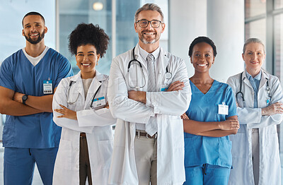 Buy stock photo Doctor, team and hospital at work smile together for portrait in medical facility. Medic, nurse and healthcare in clinic with workers showing happiness, confidence and diversity for teamwork in Miami