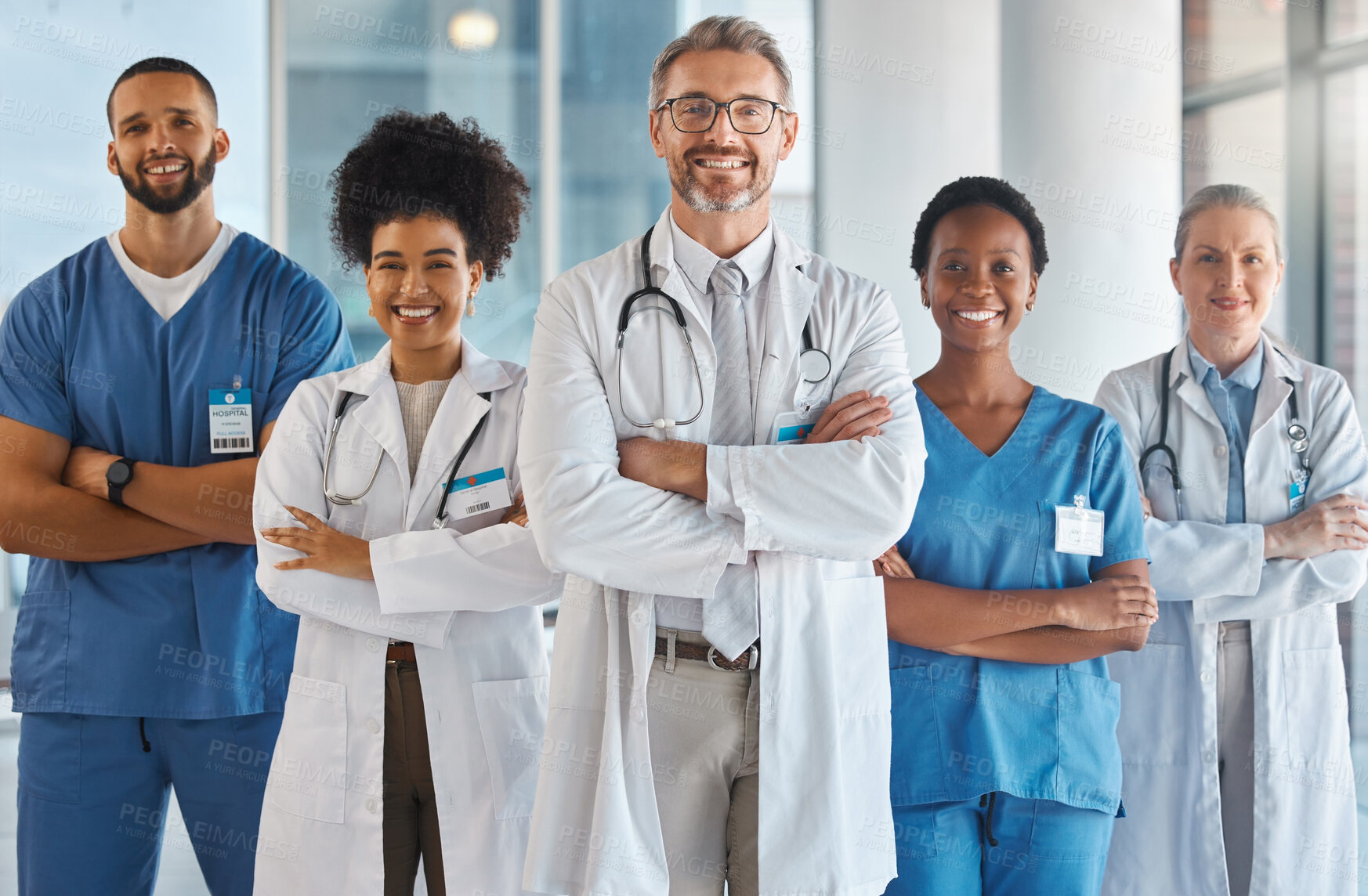 Buy stock photo Doctor, team and hospital at work smile together for portrait in medical facility. Medic, nurse and healthcare in clinic with workers showing happiness, confidence and diversity for teamwork in Miami