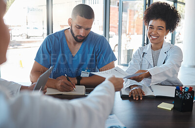 Buy stock photo Doctors meeting and hospital planning document for healthcare facility strategy and communication. Professional medicare proposal for medical career workers to review together in boardroom. 