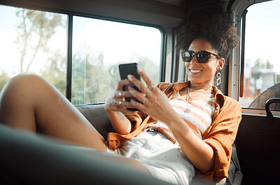 Buy stock photo Black woman, phone and road trip in van vacation, holiday or summer trip. Relax, travel and female from Brazil on mobile, social media or text message while spending quality time alone in car