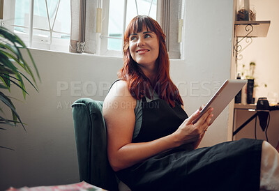 Buy stock photo Happy entrepreneur woman, tablet and thinking about future boutique success. Young businesswoman, smiling and vision as small business owner while working on online networking research

