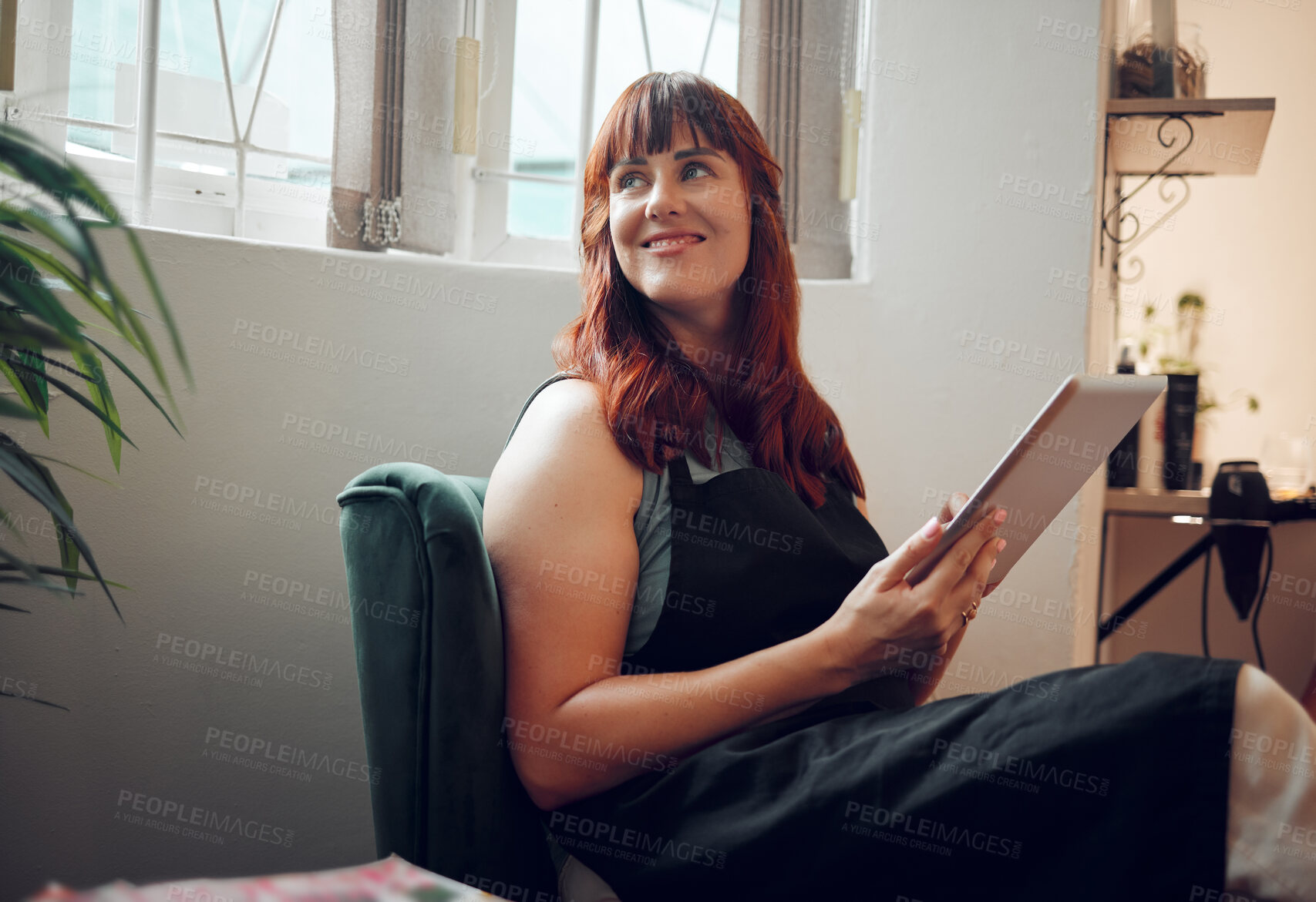 Buy stock photo Happy entrepreneur woman, tablet and thinking about future boutique success. Young businesswoman, smiling and vision as small business owner while working on online networking research

