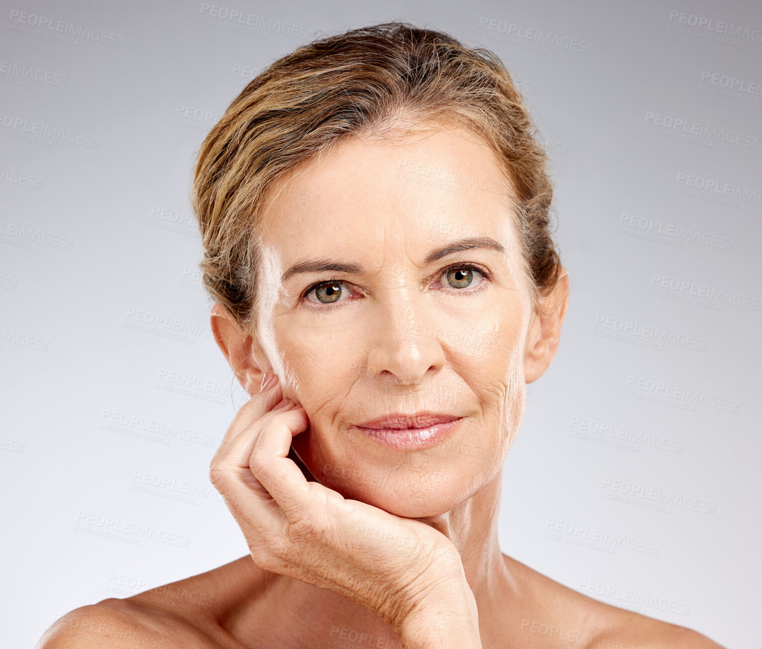 Buy stock photo Senior woman, beauty and skincare with dermatology product for antiaging against mockup background. Cosmetics, aesthetic and lady posing for health, self love and wellness portrait for soft skin