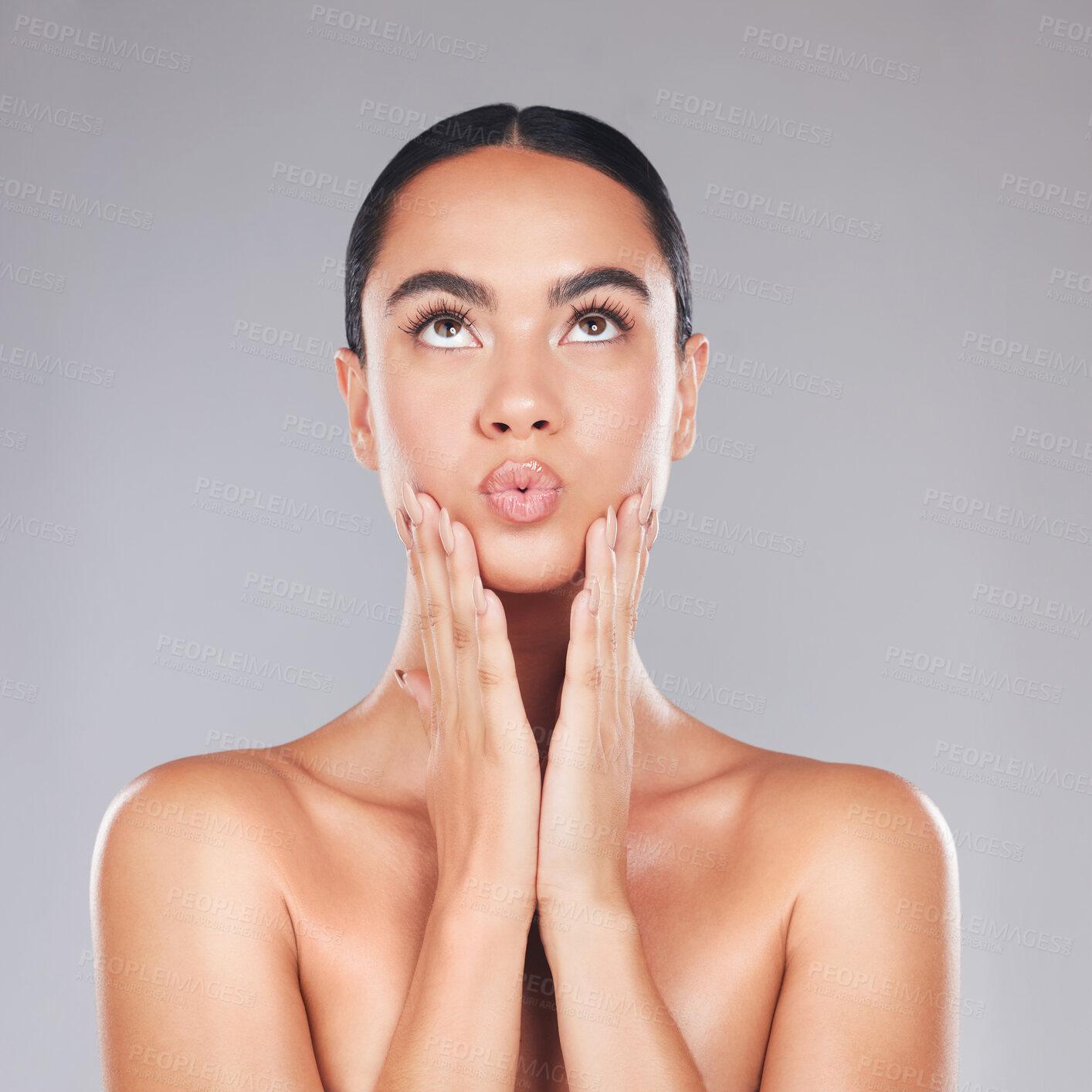 Buy stock photo Skincare, beauty and surprise face of a woman from Spain with healthy, wellness and glowing skin. Female model hands after cosmetic, health dermatology and lip fillers treatment or plastic surgery