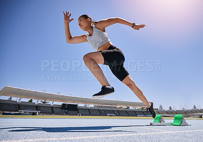 Buy stock photo Woman runner, running and training on track, workout and exercise for race, marathon and sport in stadium. Speed, sports and fitness athlete with cardio, sprinter and run fast for competition
