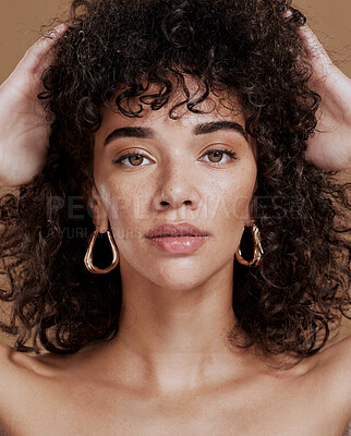 Buy stock photo Portrait of woman, skincare beauty and face of cosmetics wellness, skin healthcare treatment and luxury spa mockup. Curly hair, natural facial glow and organic makeup product for self care in studio 