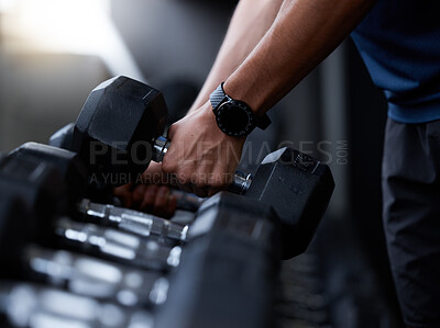 Buy stock photo Fitness, dumbbell and hands of man at gym with smart watch for training, progress tracker or workout app. Strong, muscle and weightlifting with wearable tech on bodybuilder for sport, exercise or goal