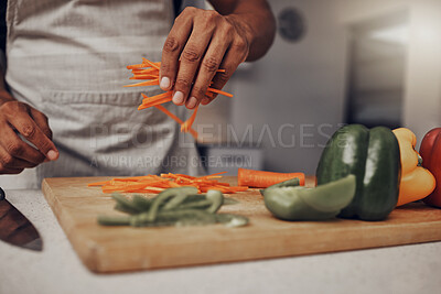 Buy stock photo Man hands, vegetables and cooking in kitchen for healthy nutrition, food diet and organic salad meal. Young male, chef hand and green vitamins lifestyle or cook dinner on kitchen counter in home 