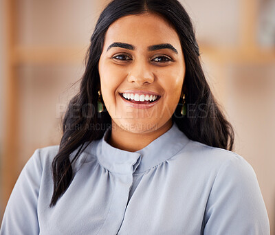 Buy stock photo Happy, smile and portrait of Indian woman in office for management, empowerment and confidence. Happiness, executive and vision with face of employee for positive, expert and professional career