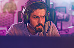 Serious video game, man and esports to play online games, virtual competition and face in dark room. Gamer guy, online gaming and live streaming on headset in neon lighting, tech and media streamer