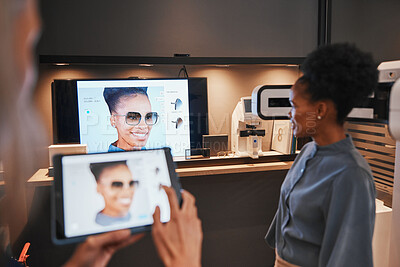 Buy stock photo Optometry, frames and black woman trying glasses for eye care, vision and choice of sunglasses. Happy, testing and African customer looking at her face with different eyeglasses for the best fit