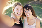 Happy, selfie or woman friends in park for profile picture, social media or travel adventure in New York. Happy, girls or couple for photo or video for vlog blog, online or internet content outdoor