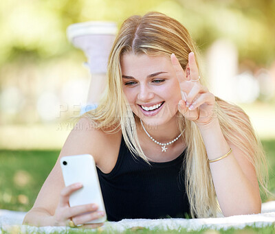 Buy stock photo Relax, peace sign or girl for selfie in park with smile for online meme, profile picture or social media. Search, photo or woman with 5g smartphone for networking, communication or funny blog outdoor