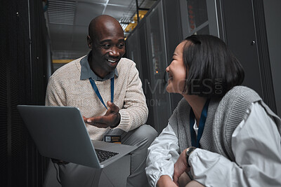 Buy stock photo Laptop, server room or technician people for teamwork, problem solving or database management system upgrade. Cybersecurity, data center or engineer employees for information technology or programmer
