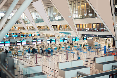 Buy stock photo Busy, moving and people in an airport for travel, check in and departure. Building, speed and crowd walking, moving and arriving or leaving for a trip, holiday or traveling for work or vacation