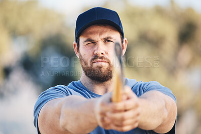 Buy stock photo Target, focus and axe throwing with man in nature and aim for sports, training and tomahawk skills.  Exercise, goal and hunting with athlete and hatchet in range for bullseye, ready and competition