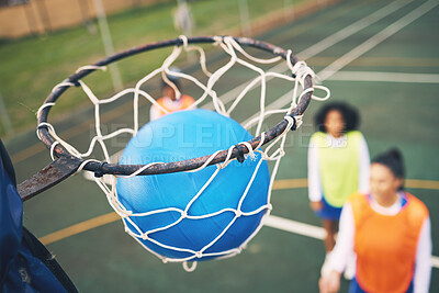 Buy stock photo Ball in net, netball and sports outdoor with team, fitness and active lifestyle with athlete on court. Sport, professional club and people playing game, success with goal and exercise with training
