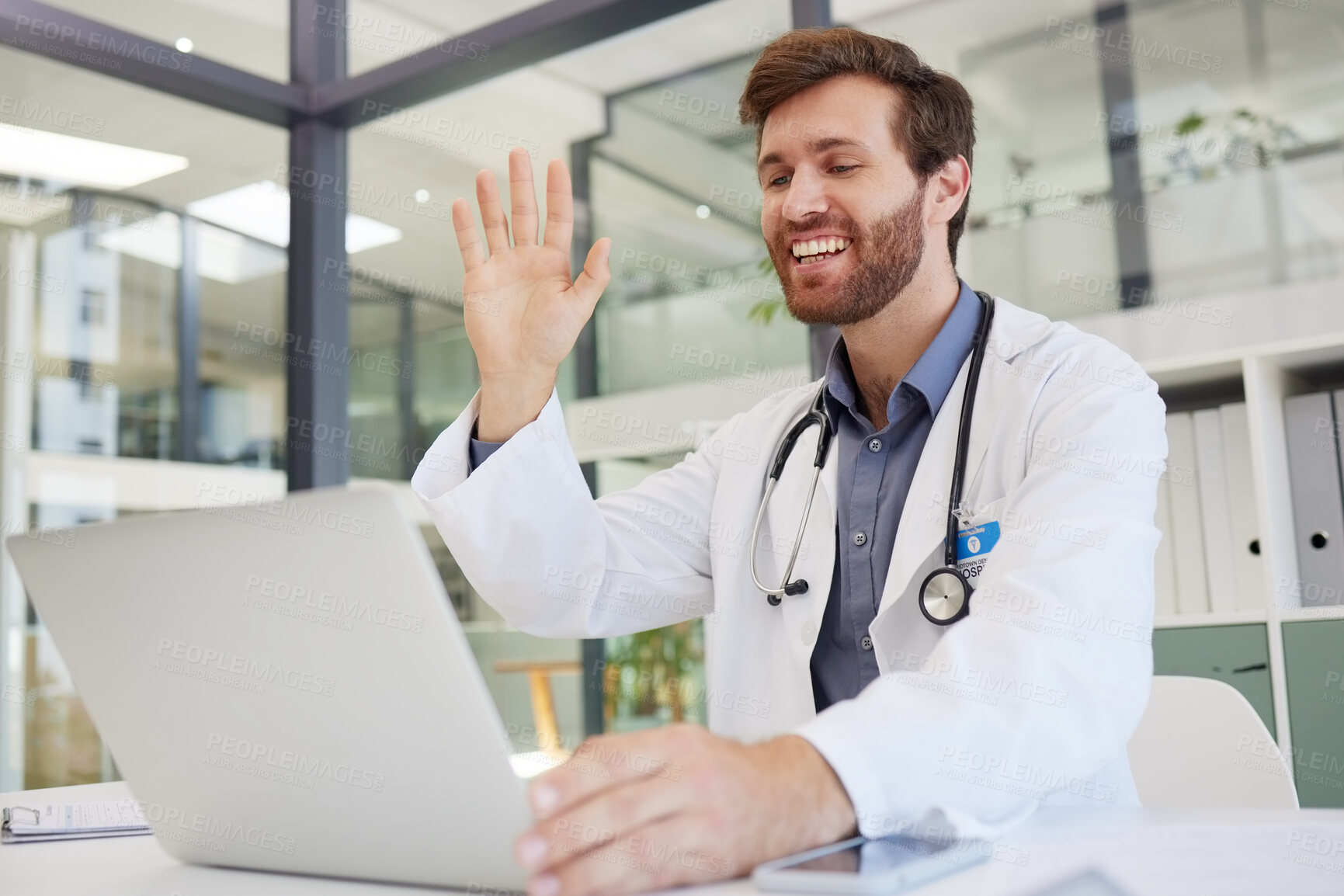 Buy stock photo Wave, laptop video call or man doctor in office for online meeting, virtual assistance or medical consultation. Hospital person or healthcare gp use telehealth for remote support or wellness help