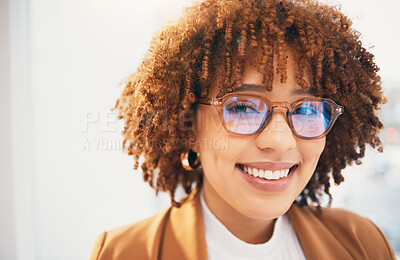 Buy stock photo Optometry, glasses and portrait of black woman vision, eye care and happy customer with new lens frame. Young client or person, prescription specs, eyes healthcare and blue reflection or anti glare