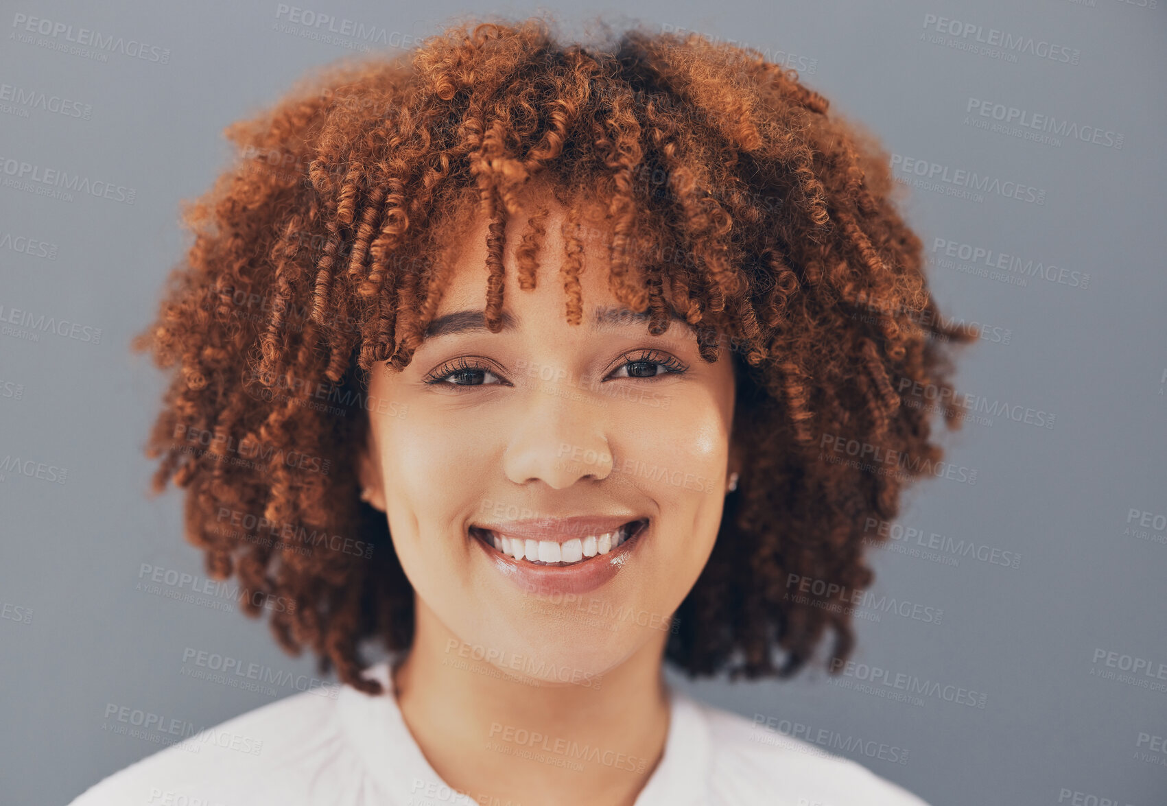 Buy stock photo Corporate black woman, studio portrait and smile with beauty, makeup and cosmetics by gray background. Young manager, gen z african girl and glow on skin with vision, happiness and career mission