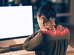 Black woman, back pain and computer mockup screen in stress, burnout or overworked at night by office desk. Businesswoman touching painful shoulders by desktop PC with copy space display at workplace