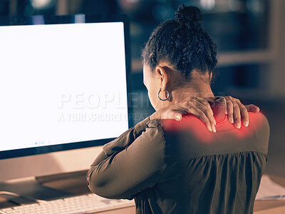 Buy stock photo Woman, back pain and computer mockup screen in stress, burnout or overworked at night by office desk. Businesswoman touching painful shoulders by desktop PC with copy space display at workplace