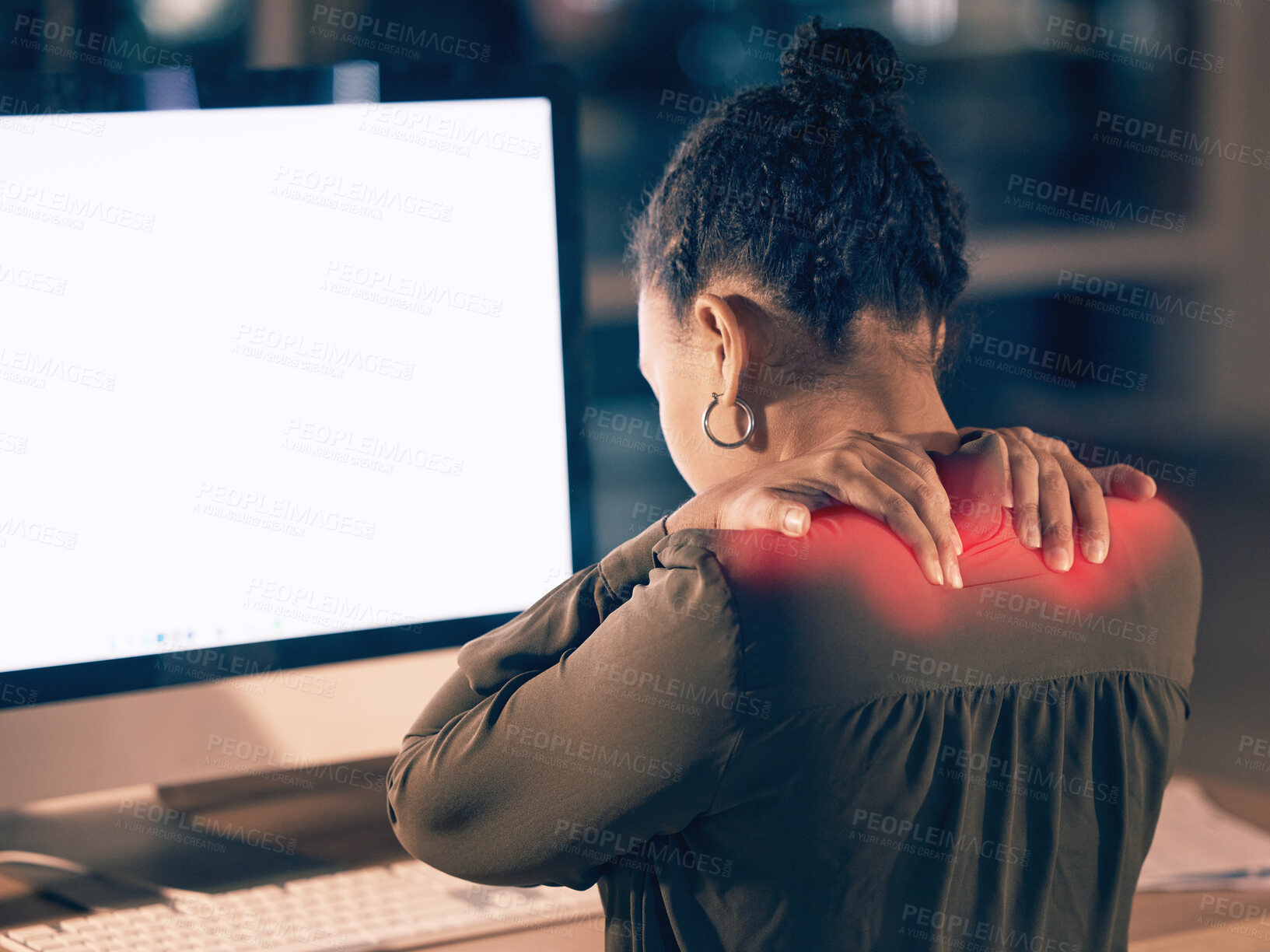 Buy stock photo Woman, back pain and computer mockup screen in stress, burnout or overworked at night by office desk. Businesswoman touching painful shoulders by desktop PC with copy space display at workplace