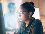 Overlay, programming and coding with a black woman developer thinking while working on a ux, ai or 3d interface. Computer, software and data with a female employee or programmer reading code at work