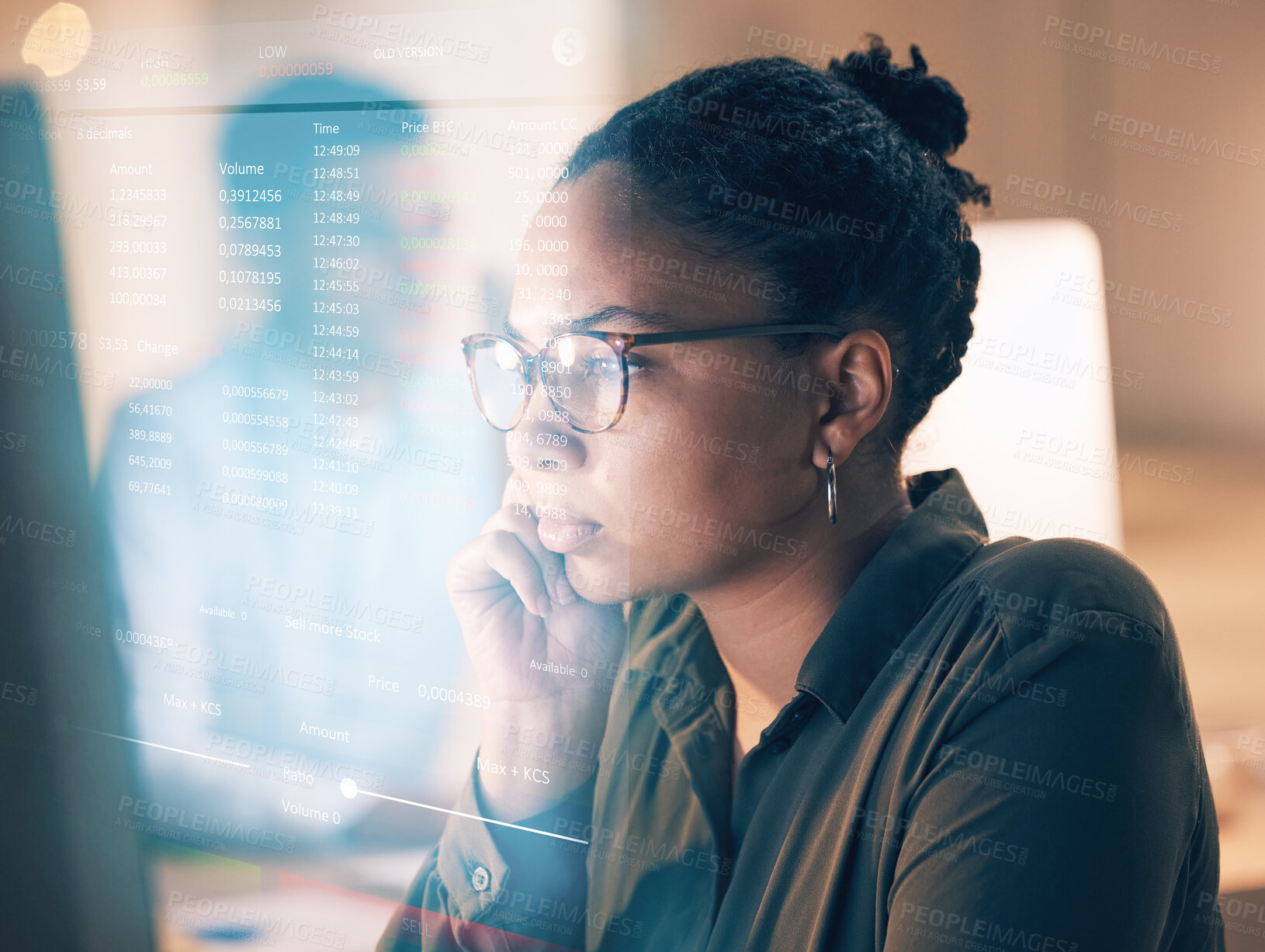Buy stock photo Overlay, programming and coding with a black woman developer thinking while working on a ux, ai or 3d interface. Computer, software and data with a female employee or programmer reading code at work