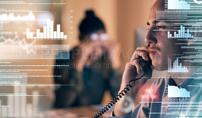 Buy stock photo Statistics overlay, phone call and business people with financial graph graphic and communication. Businessman, fintech illustration and negotiation of a employee in a networking conversation