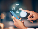 Hands, phone and screen with icons at night for networking, social media or communication at the office. Hand of employee showing smartphone mockup display for mobile app, branding or multimedia