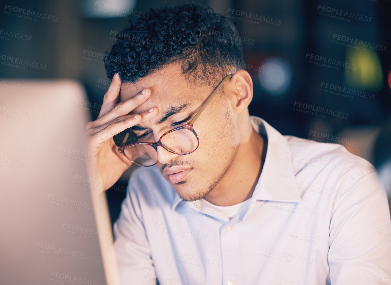 Buy stock photo Tired business man, headache and night stress, depressed or burnout, thinking and working on office computer. Focus problem, exhausted and mental health of corporate person or professional on desktop