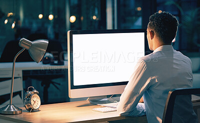 Buy stock photo Night business, man and computer mockup for planning, web design and research screen. Back of worker, mock up and desktop technology for overtime on internet, innovation or digital branding strategy 