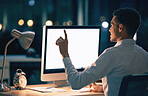 Night, computer screen and man with mockup space for digital interaction, product placement or website design. Business man or professional person on desktop pc in mock up for press or point at app 