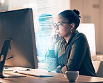 Overlay, programming and code with a black woman developer thinking while working on a ux, ai or 3d interface. Computer, software and data with a female employee or programmer coding an app at work