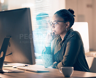 Buy stock photo Overlay, programming and code with a black woman developer thinking while working on a ux, ai or 3d interface. Computer, software and data with a female employee or programmer coding an app at work