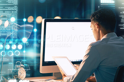 Buy stock photo Business, man and futuristic with mockup, hologram and programming for data analytics, coding or cyber security. Male employee, programmer or coder in office, computer or tablet with holographic code