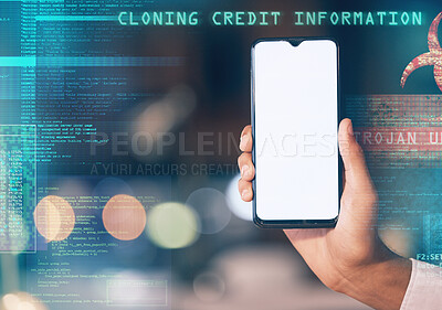 Buy stock photo Hands, phone and screen mockup for virus, hacking software or cybersecurity at night in double exposure. Hand of hacker showing smartphone display for mobile app, phishing or malware on overlay