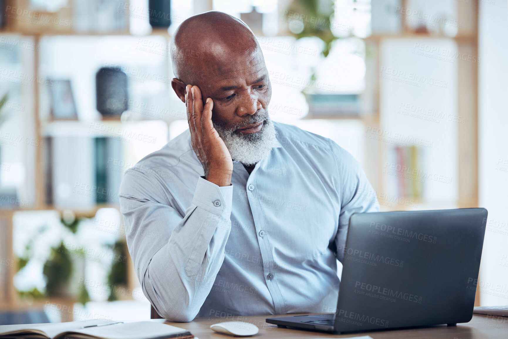 Buy stock photo Stress, headache and frustrated black man on laptop in office with 404 technology glitch, crisis or online problem. Business, burnout and computer mistake with anxiety, confused or mental health risk